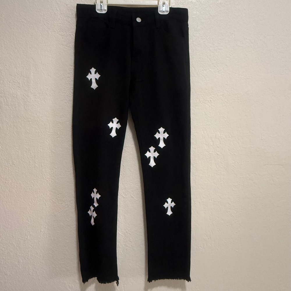 Upsurge Planet‎ Black Jeans Gothic Cross Applique Distressed Hem Size Small NWOT